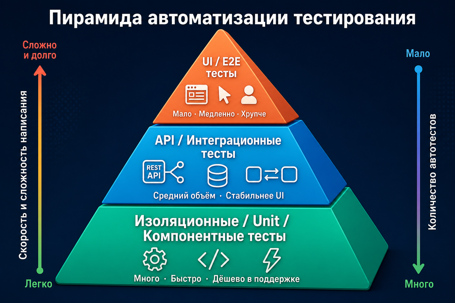 Пирамида автоматизации тестирования: внизу много быстрых unit и компонентных тестов, в середине API и интеграционные, сверху мало UI и E2E