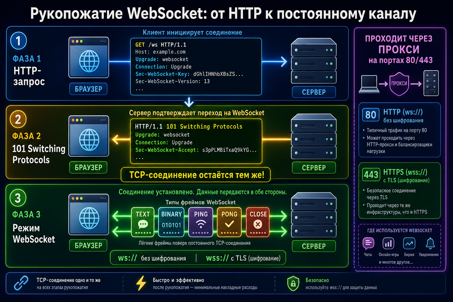 WebSocket handshake: HTTP-запрос, ответ 101 Switching Protocols и обмен фреймами
