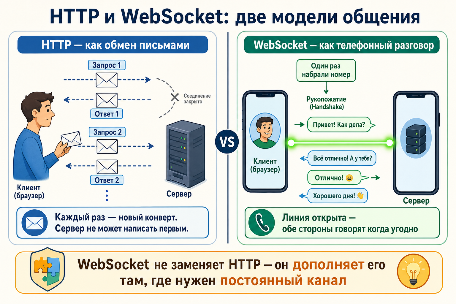 Сравнение HTTP и WebSocket: обмен письмами против постоянного телефонного разговора