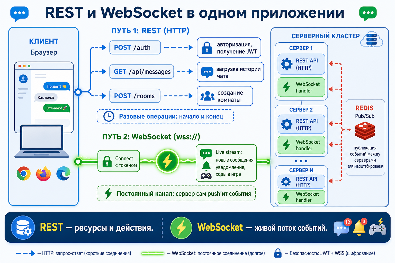 REST и WebSocket в одном приложении: авторизация через HTTP, live-сообщения через wss